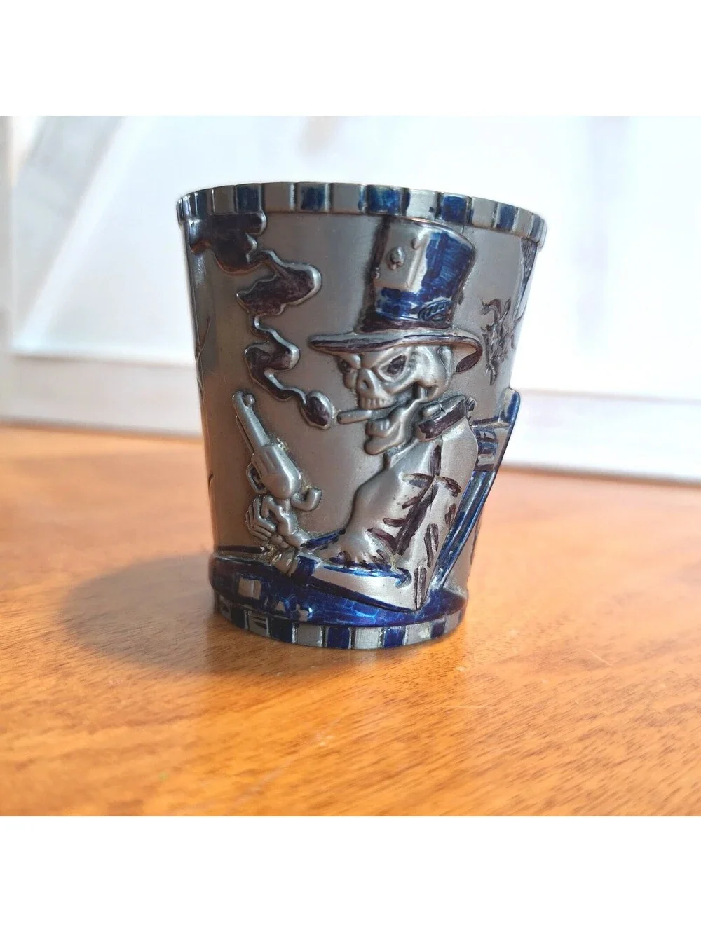 VTG Pewter Shot Glass Holder + Shot Glass Skeleton Gambler Spades Top Hat 2.25